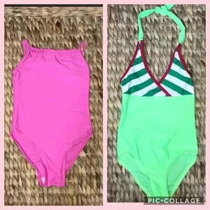 Girls Size 4 Swimsuits Green Striped & Pink One Piece Swimsuit. New Without Tags